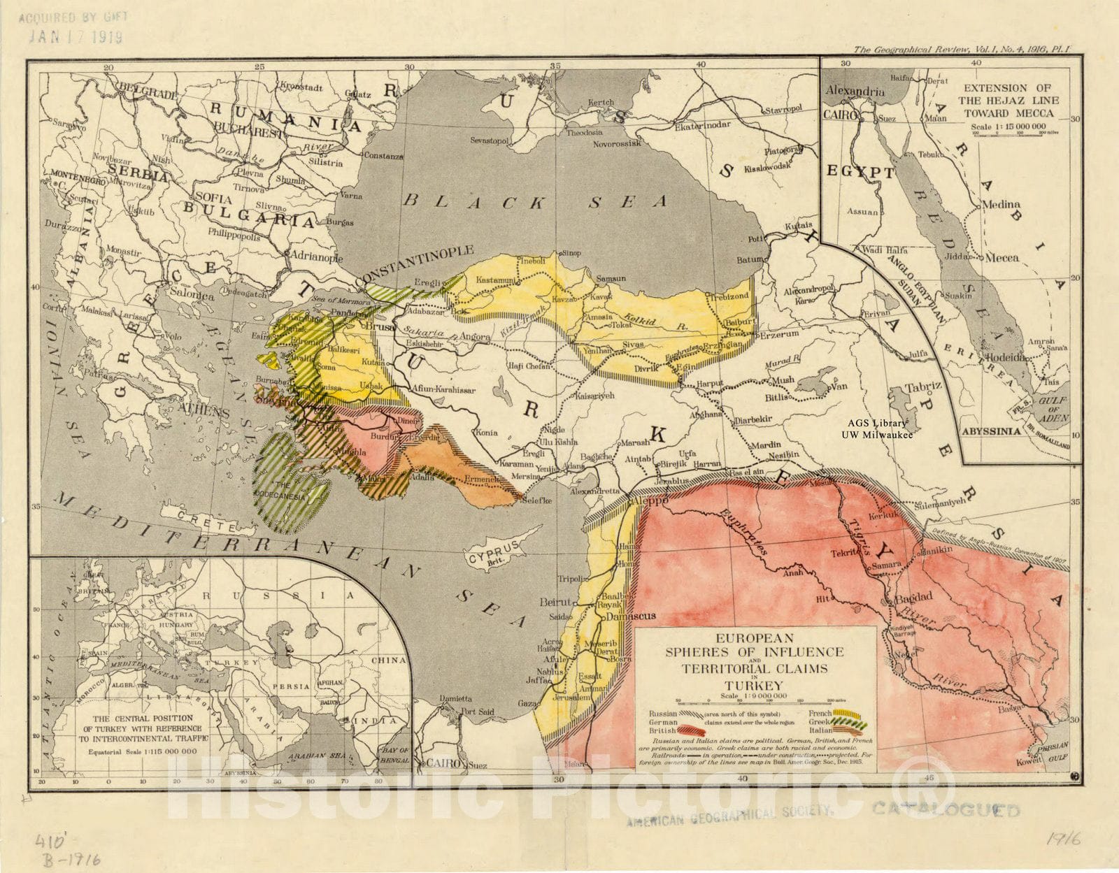 Map : Turkey 1916, European spheres of influence and territorial claims in Turkey , Antique Vintage Reproduction