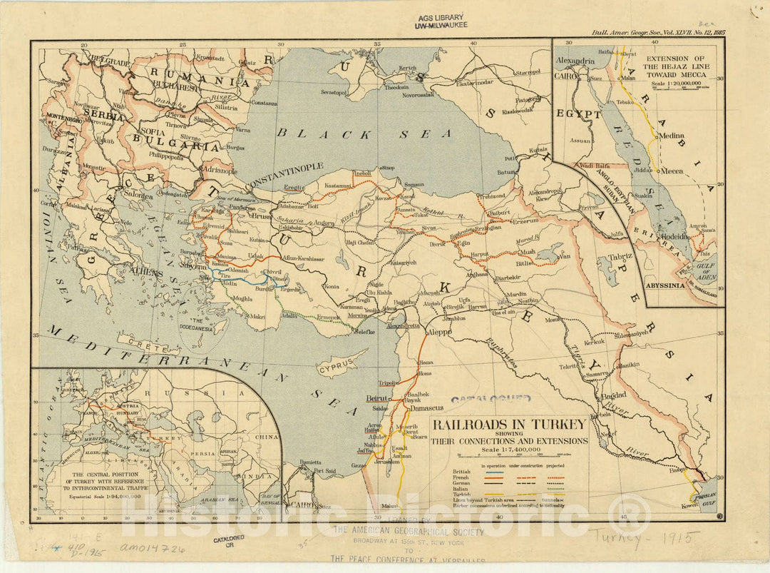 Map : Turkey 1915, Railroads in Turkey showing their connections and extensions , Antique Vintage Reproduction