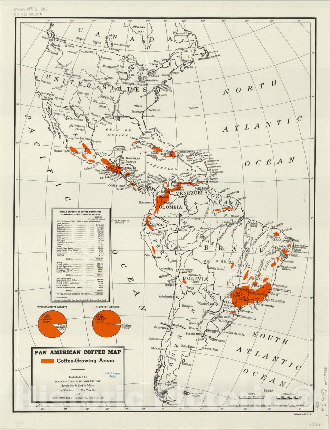 Map : Western hemisphere [1940], Pan American Coffee Map , Antique Vintage Reproduction