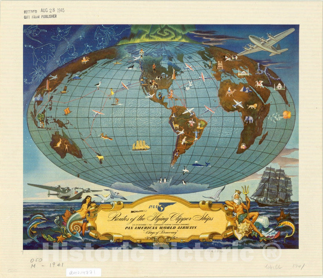 Map : World 1941, Routes of the flying clipper ships (as of December 7, 1941 - subsequent wartime changes censored) , Antique Vintage Reproduction