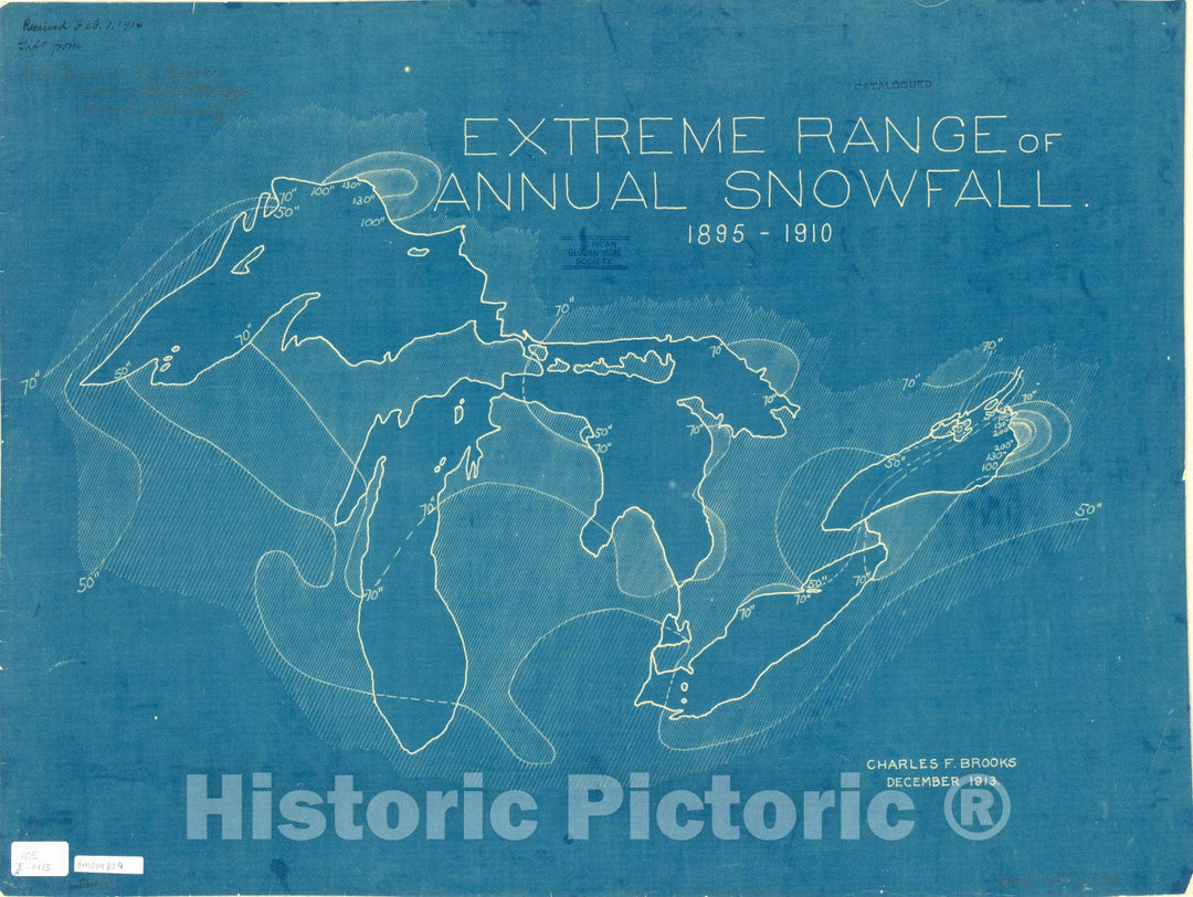 Map : Great Lakes 1913, Extreme range of annual snowfall, 1895-1919 [in the Great Lakes Region] , Antique Vintage Reproduction