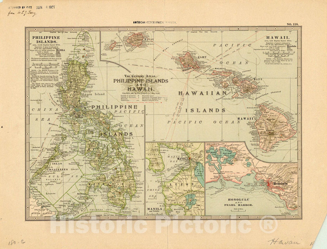 Map : Philippine Islands and Hawaii 1898, The Century Atlas : Philippine Islands and Hawaii , Antique Vintage Reproduction