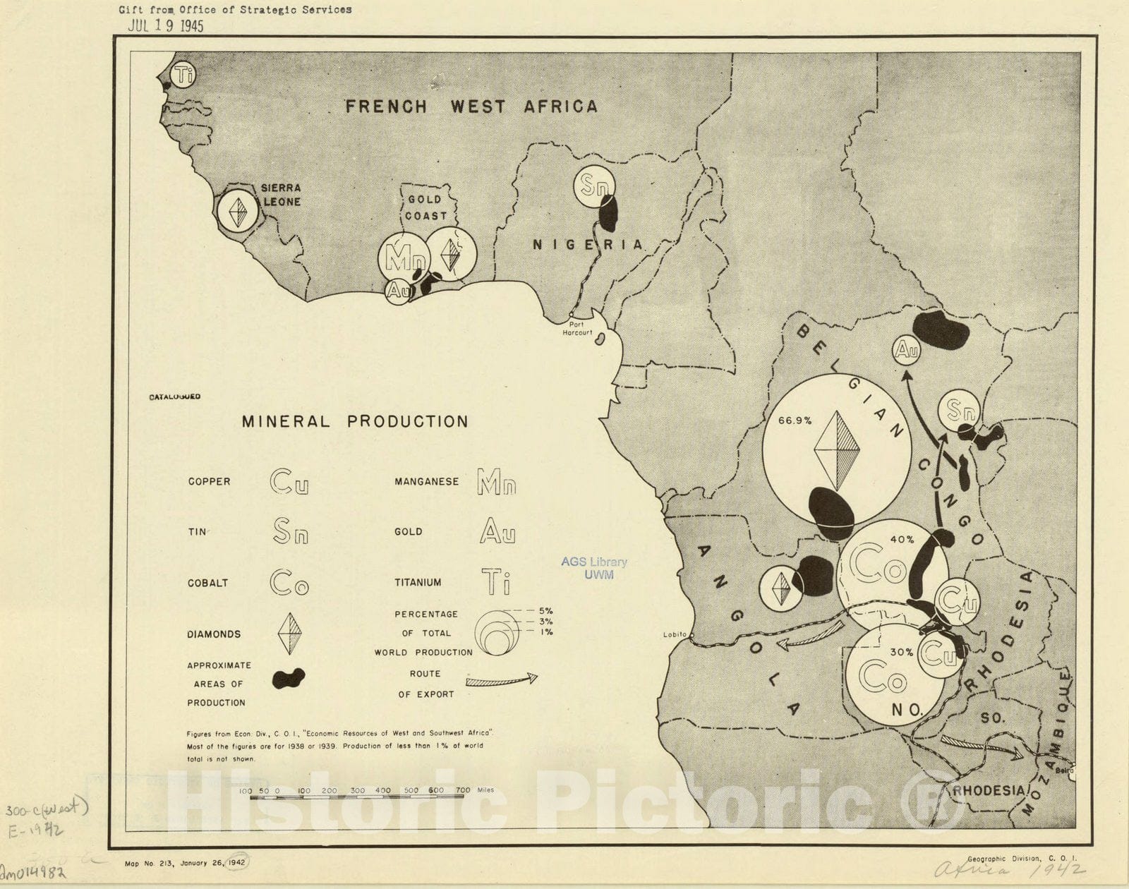 Map : West Africa 1942, French West Africa : mineral production , Antique Vintage Reproduction