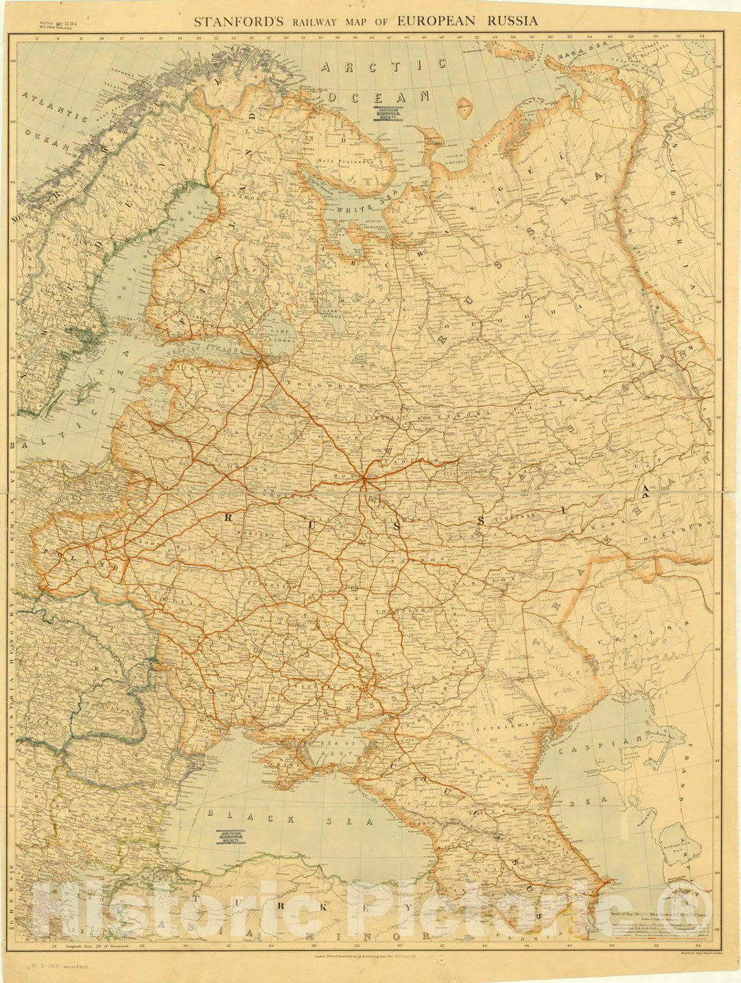 Map : Russia 1915, Stanford's railway map of European Russia, Antique Vintage Reproduction