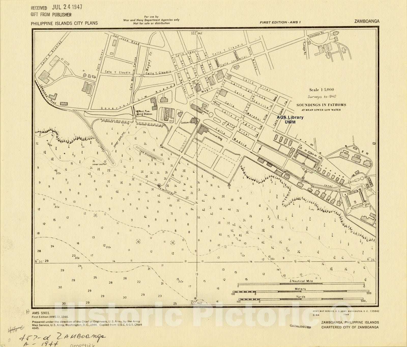 Map : Zamboanga, Philippine Islands 1944, Zamboanga, Philippine Islands, chartered city of Zamboanga. A.M.S. S901 , Antique Vintage Reproduction