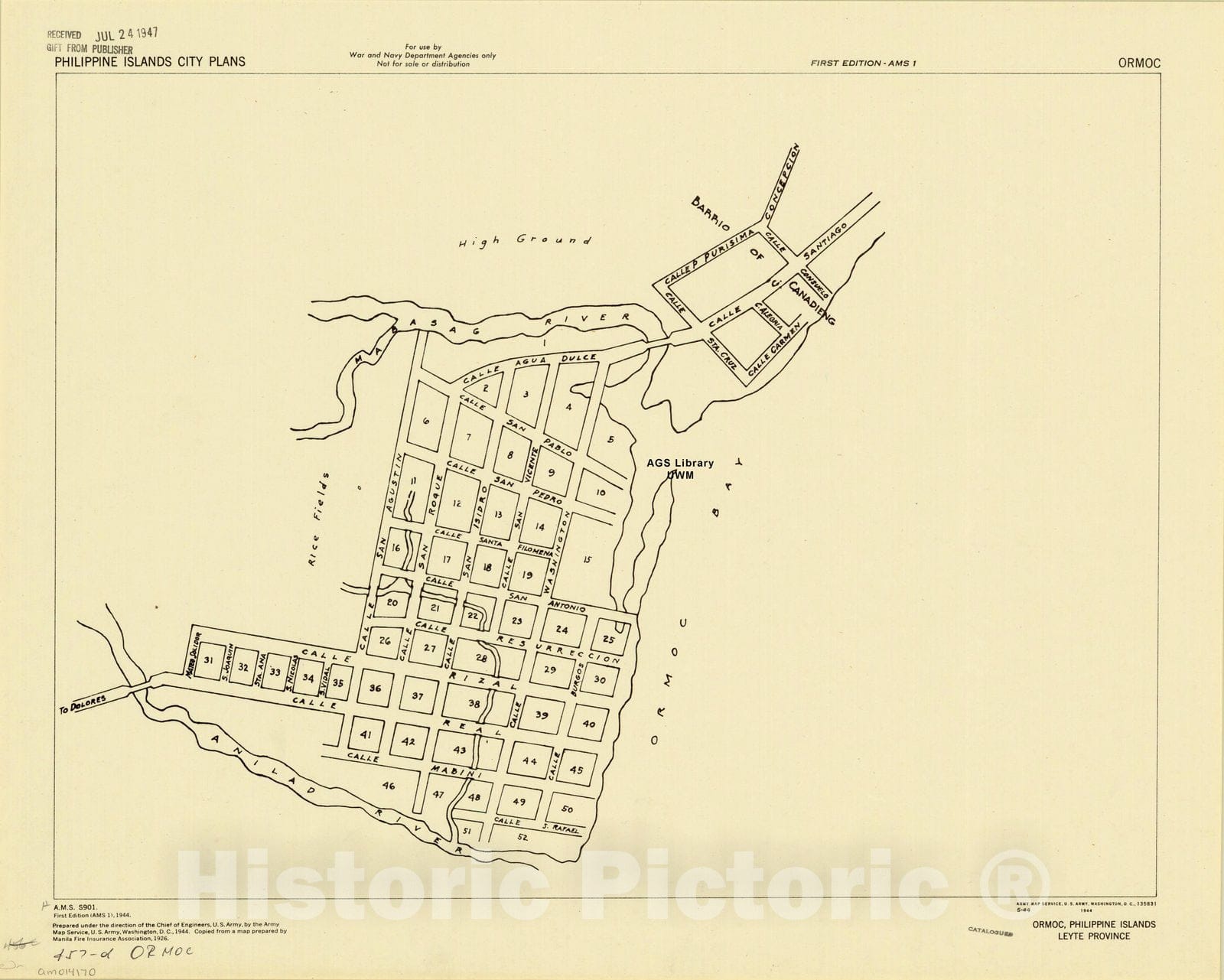 Map : Ormoc, Philippine Islands 1944, Ormoc, Philippine Islands, Leyte Province, Antique Vintage Reproduction