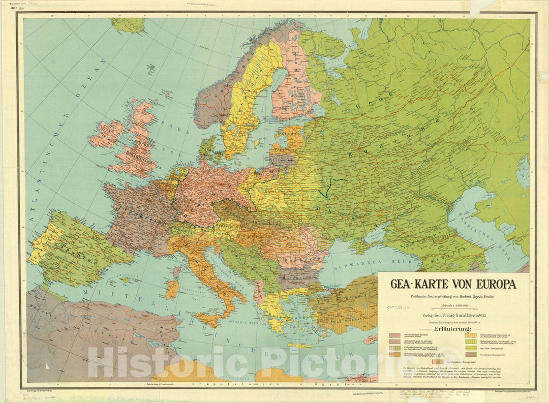 Map : Europe 1920, Gea-Karte von Europa : politische neubearbeitung , Antique Vintage Reproduction