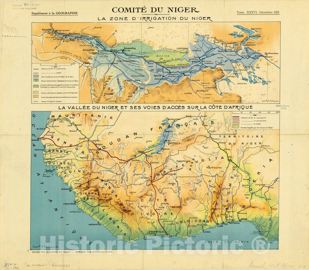 Historic Map : Africa, West Central 1921, Comite du Niger : la zone d'irrigation du Niger. La vallee du Niger et ses voies d'acces sur la co?te d'Afrique , Antique Vintage Reproduction