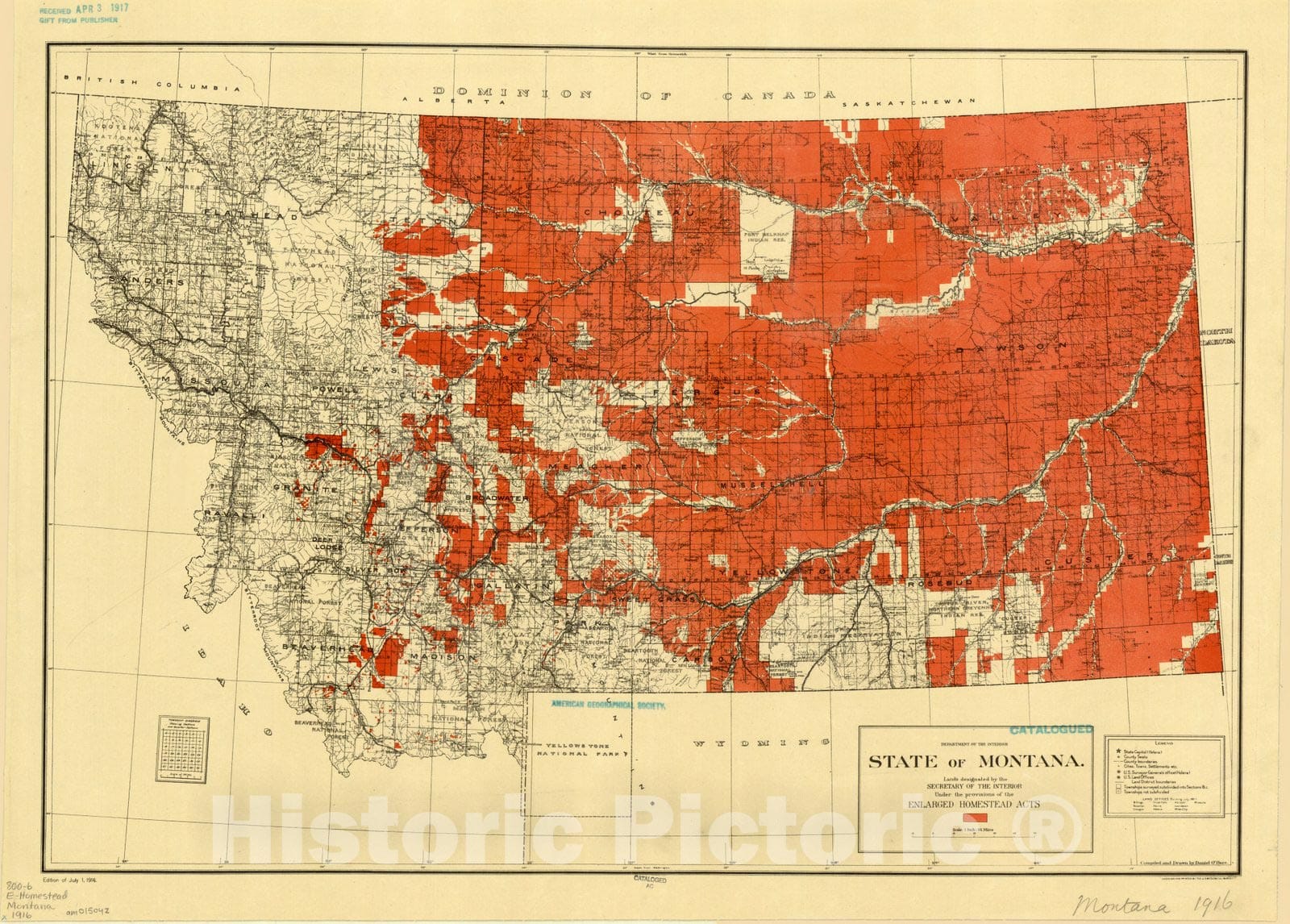 Historic Map : Montana 1916, State of Montana : lands designated by the Secretary of the Interior under the provisions of the enlarged Homestead Acts , Antique Vintage Reproduction