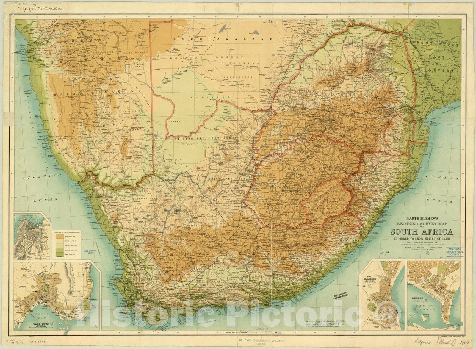 Map : South Africa [1907?], Bartholomew's reduced survey map of South Africa : coloured to show height of land , Antique Vintage Reproduction