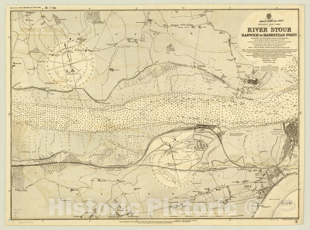 Map : East Coast of England 1911, England-East Coast, River Stour, Harwich to Harkstead Point , Antique Vintage Reproduction