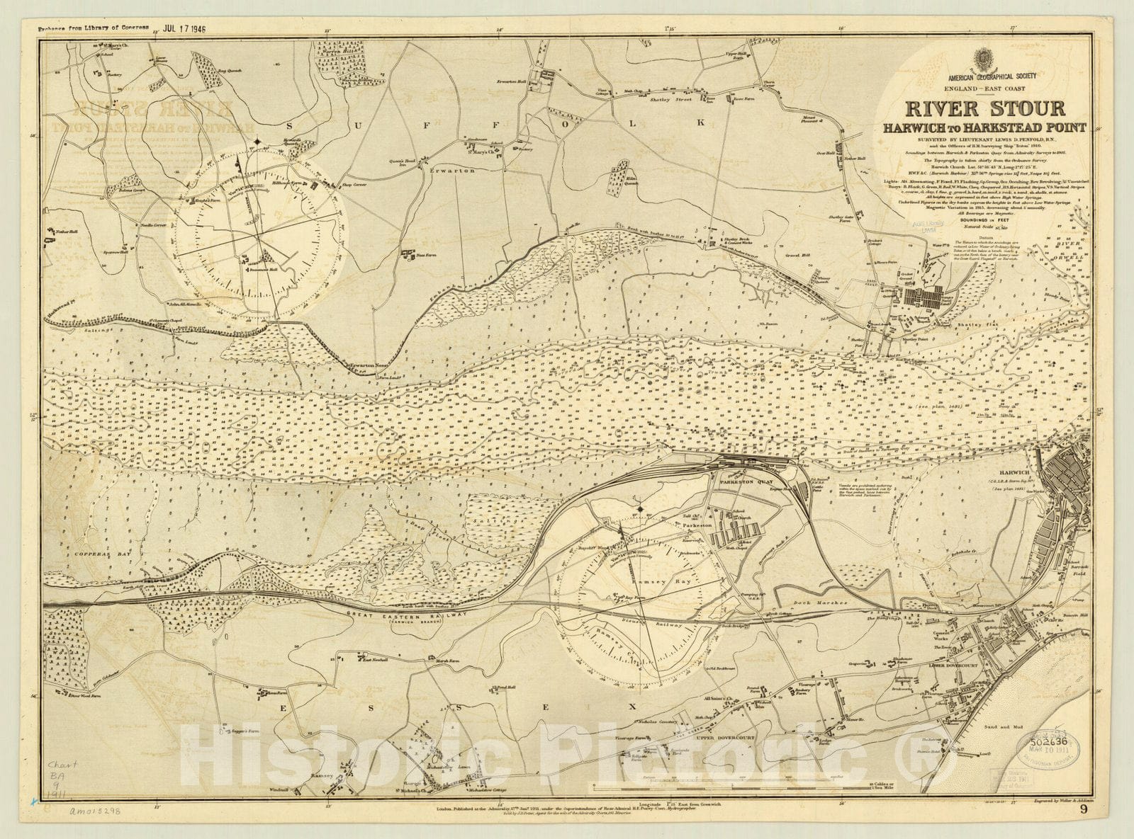 Map : East Coast of England 1911, England-East Coast, River Stour, Harwich to Harkstead Point , Antique Vintage Reproduction