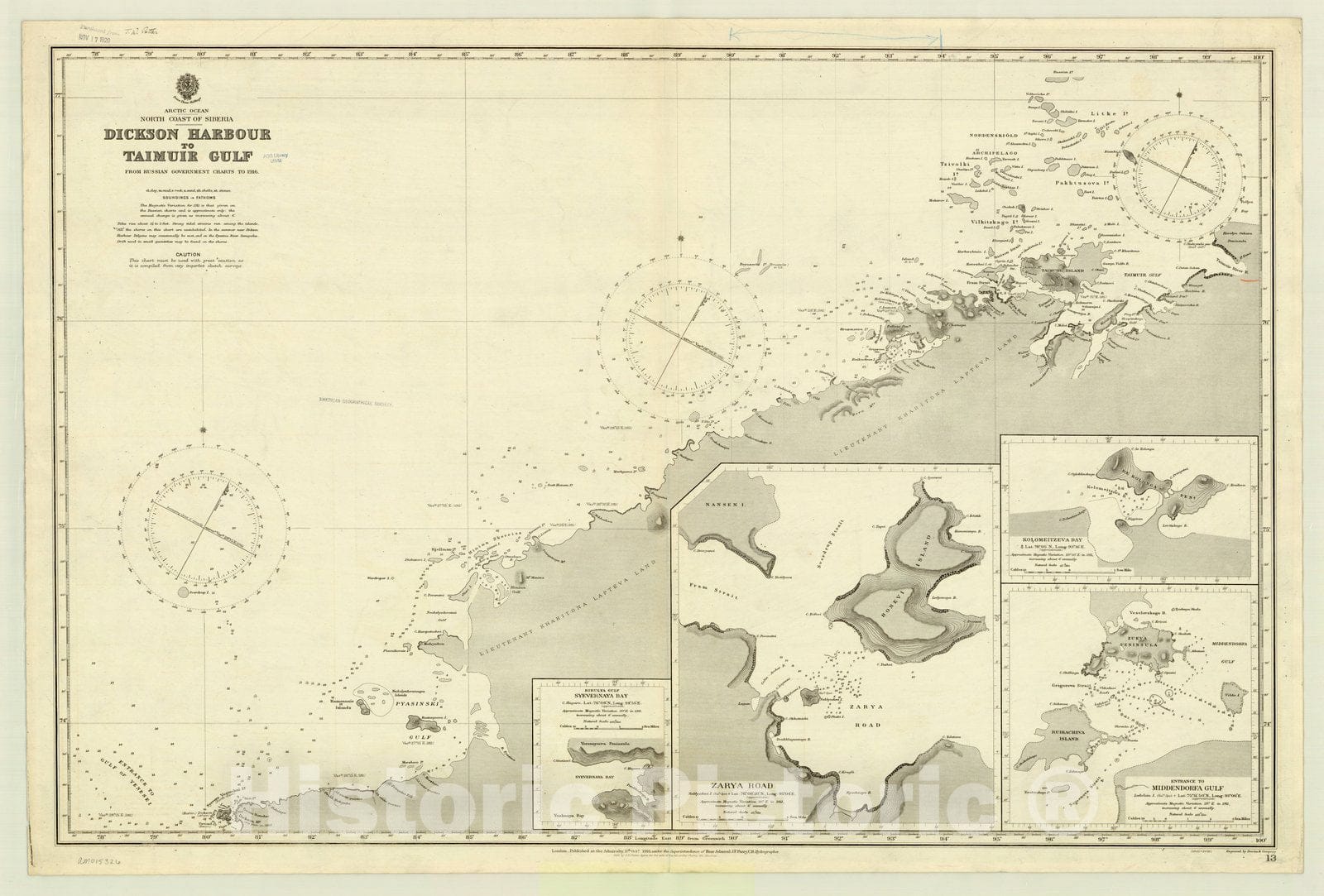 Map : Artic Ocean 1916, Arctic Ocea, North coast of Siberia, Dickson Harbour to Taimuir Gulf , Antique Vintage Reproduction