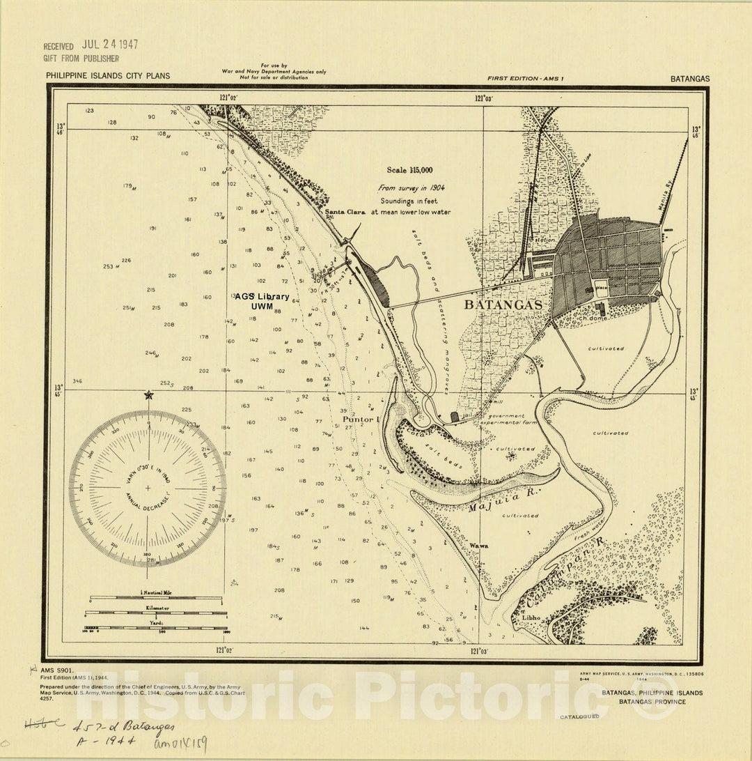 Map : Batangas, Philippine Islands 1944, Batangas, Philippine Islands, Batangas Province, Antique Vintage Reproduction