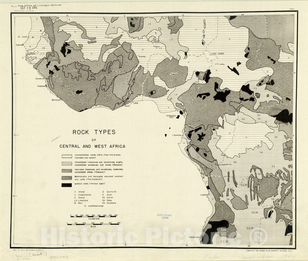 Map : Central and west Africa 1942, Rock types of central and west Africa , Antique Vintage Reproduction