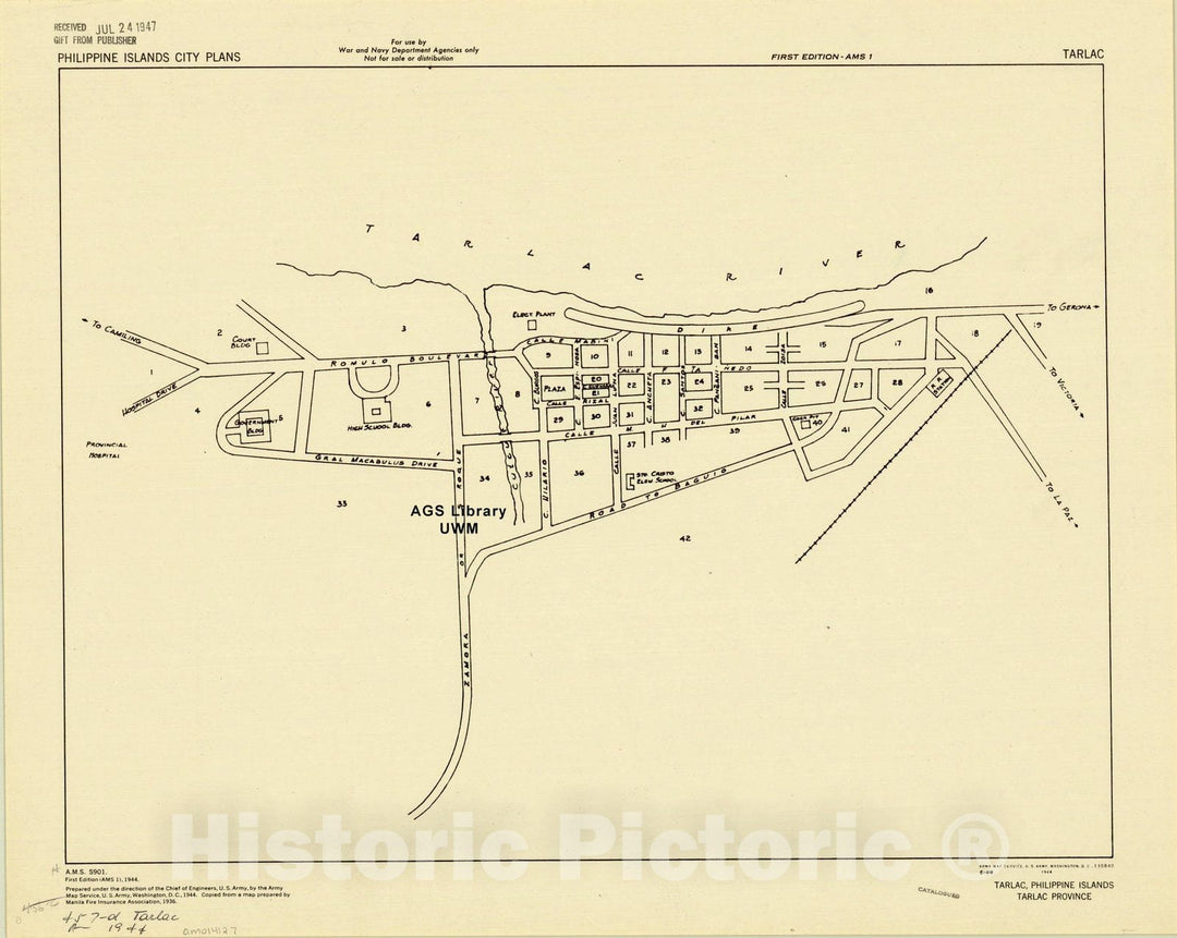 Map : Tarlac, Philippine Islands 1944, Tarlac, Philippine Islands, Tarlac Province, Antique Vintage Reproduction