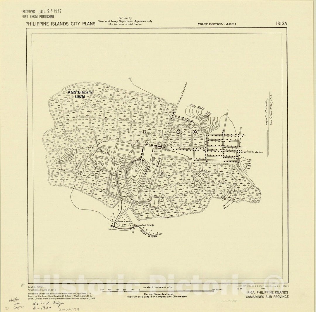 Map : Iriga, Philippine Islands 1944, Iriga, Philippine Islands, Camarines Sur Province, Antique Vintage Reproduction