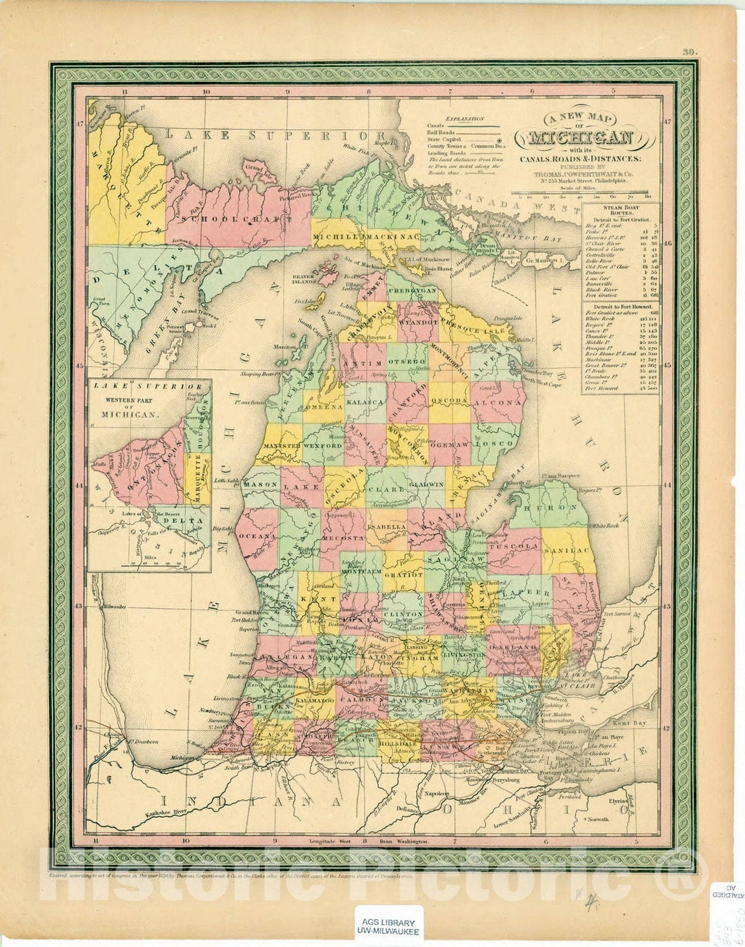 Map : Michigan 1850, A new map of Michigan with its canals, roads & distances, Antique Vintage Reproduction