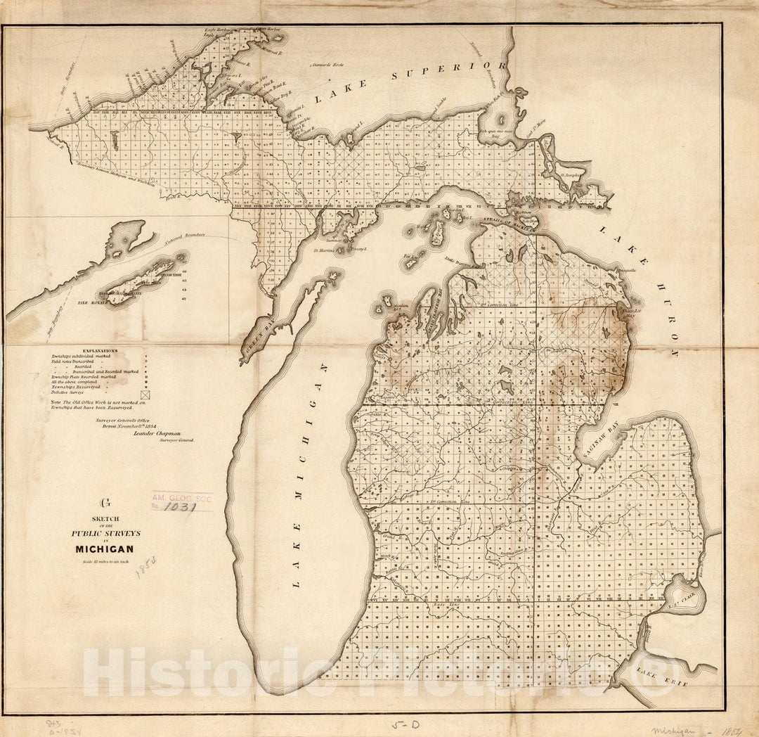 Map : Michigan 1854, sketch of the public surveys, Sketch of the public surveys in Michigan , Antique Vintage Reproduction