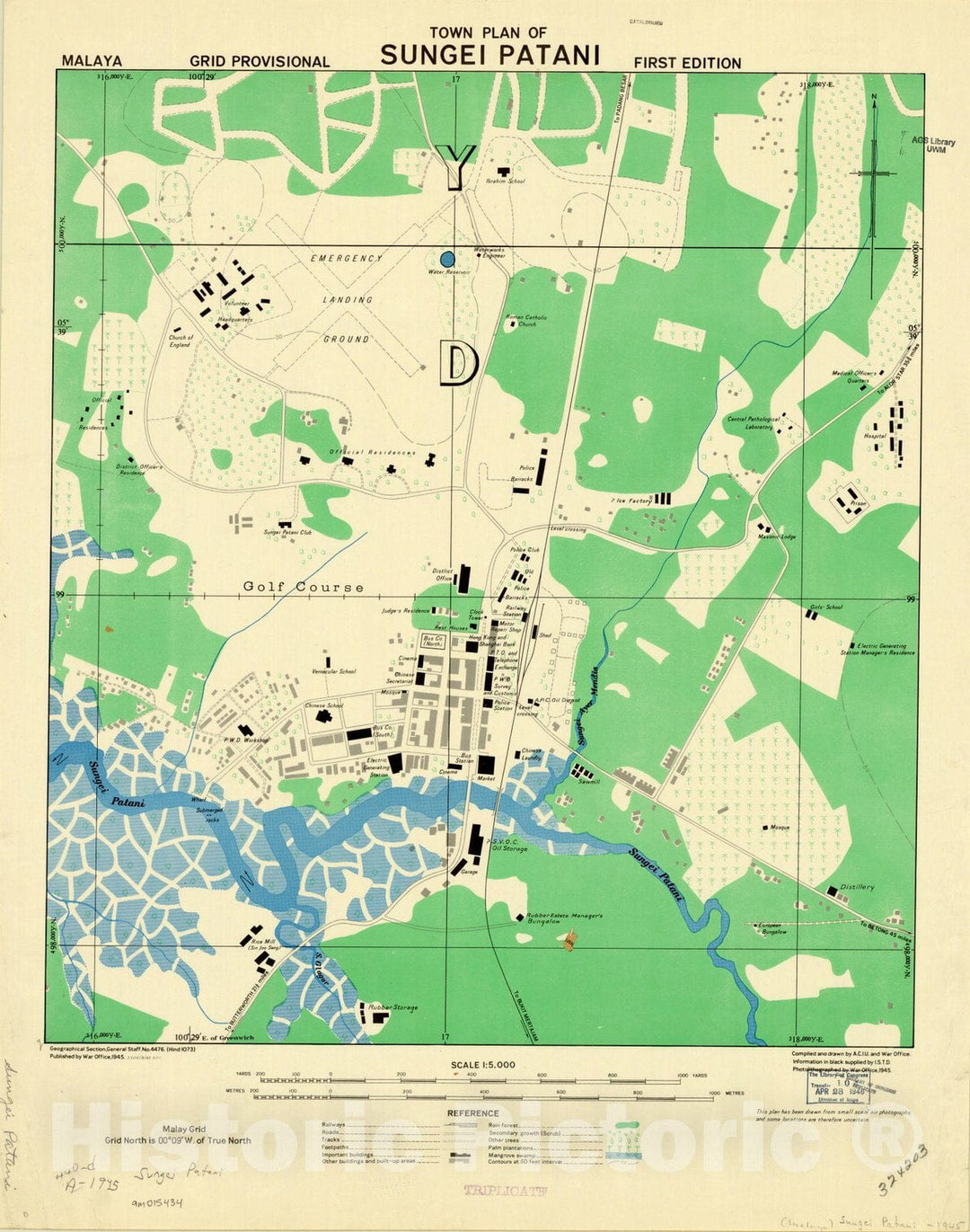 Map : Sungei Patani, Malaysia 1945, Town plan of Sungei Patani , Antique Vintage Reproduction