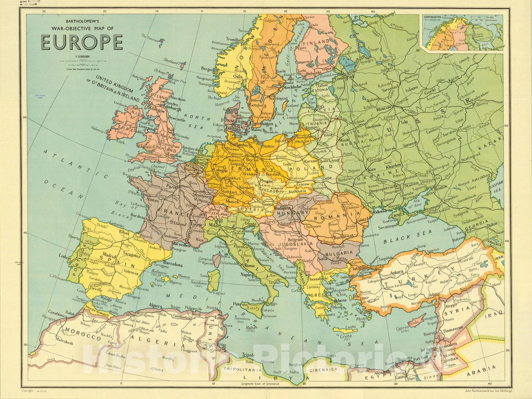 Map : Europe 1940, Bartholomew's war-objective map of Europe, Antique Vintage Reproduction