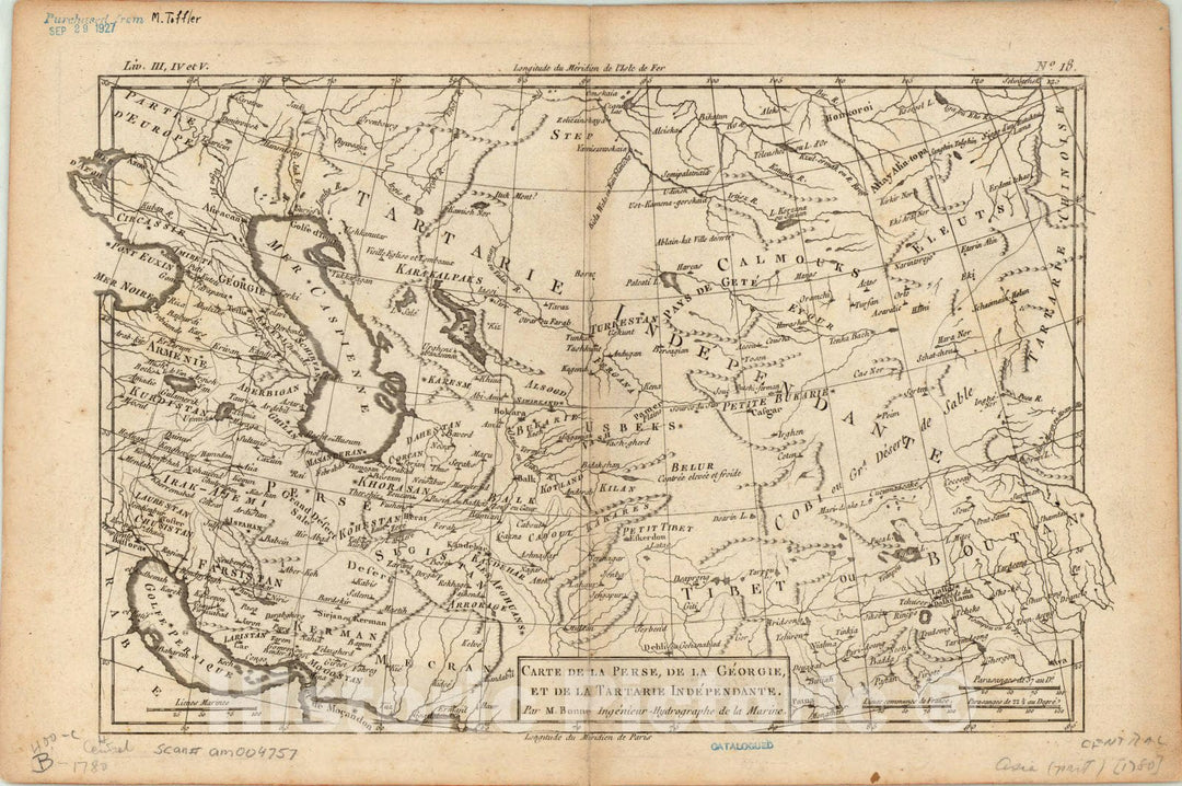 Map : Persia, Georgia, Turkestan 1780, Carte de la Perse, de la Georgie et de la Tartarie Independante [map] , Antique Vintage Reproduction