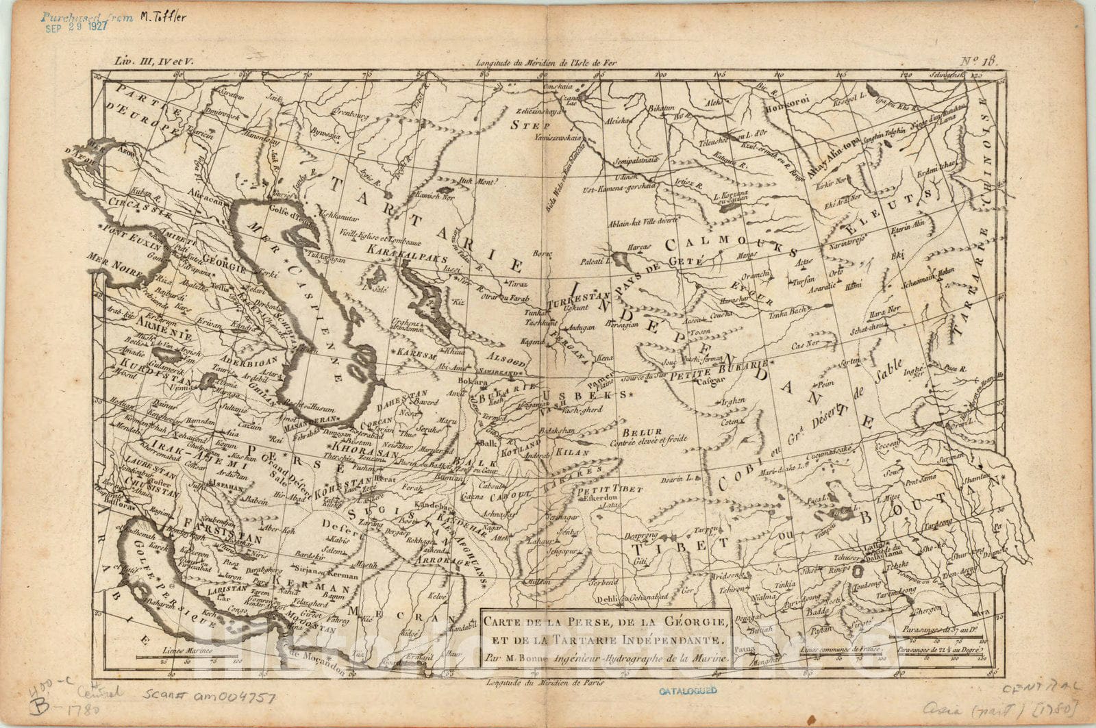 Map : Persia, Georgia, Turkestan 1780, Carte de la Perse, de la Georgie et de la Tartarie Independante [map] , Antique Vintage Reproduction