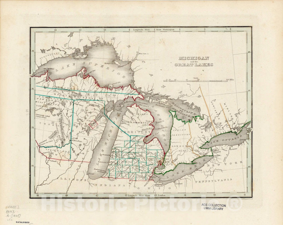 Map : Michigan and the Great Lakes 1835, Michigan and the Great Lakes , Antique Vintage Reproduction