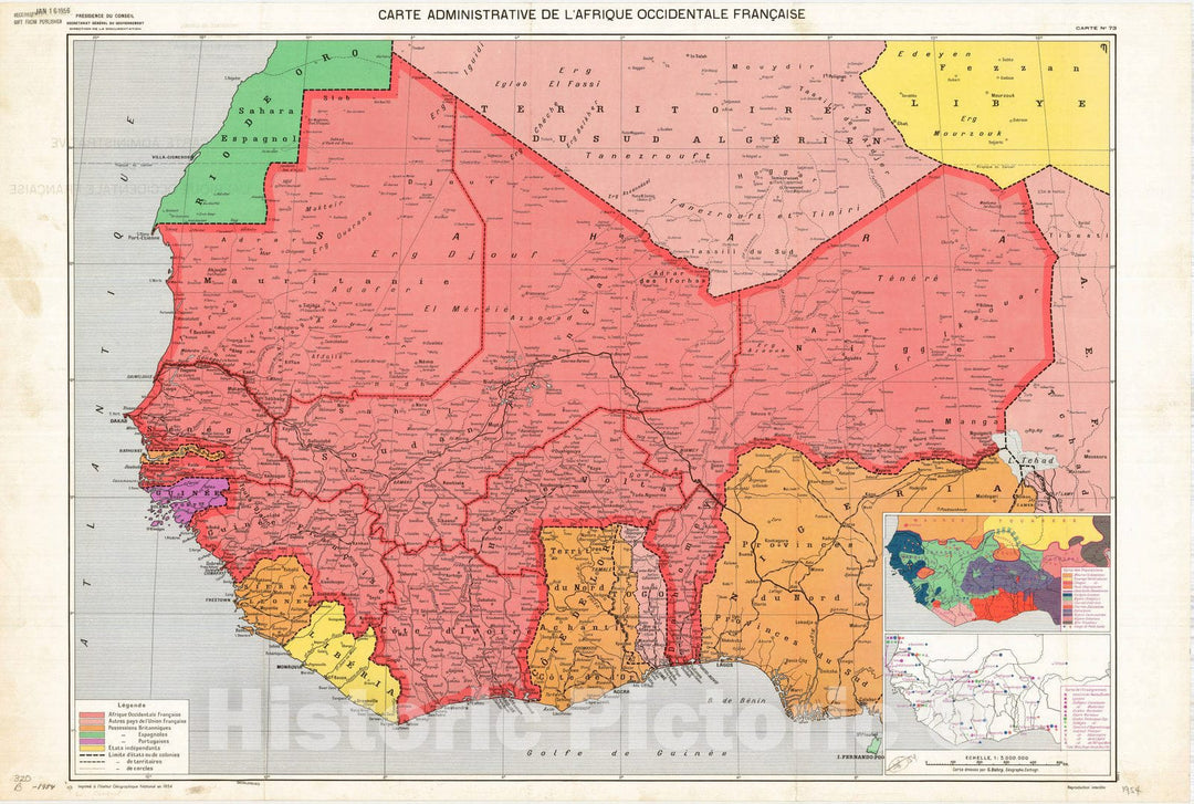 Map : West Africa 1954, Carte administrative de L'Afrique occidentale franc?aise , Antique Vintage Reproduction