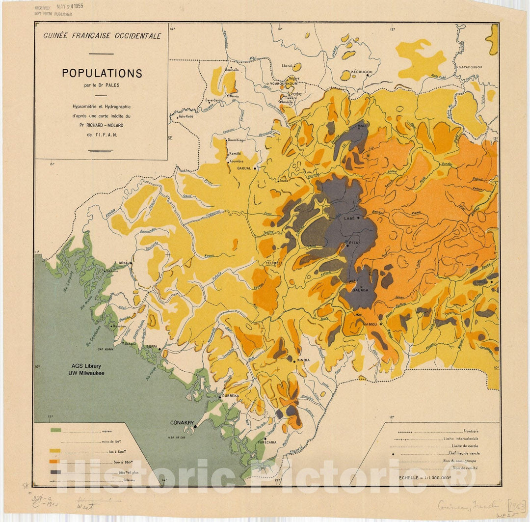 Map : West Africa 1953, Guinee Franc?aise Occidentale populations , Antique Vintage Reproduction