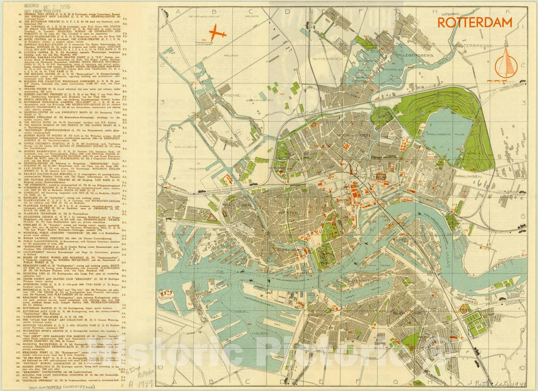 Historic Map : Rotterdam, Netherlands 1949, Rotterdam, Holland toeristische plattegrond, tourist's map of the town, plan d la ville, Strassenplan , Antique Vintage Reproduction