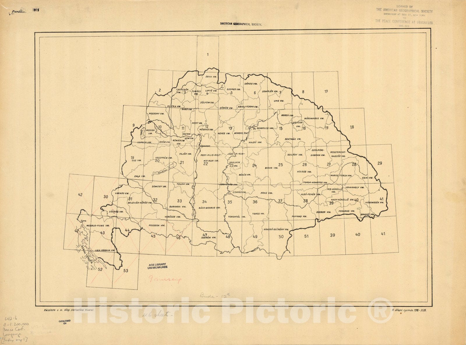 Map : The communes of Hungary showing the persons speaking Hungarian 1918 44, Antique Vintage Reproduction