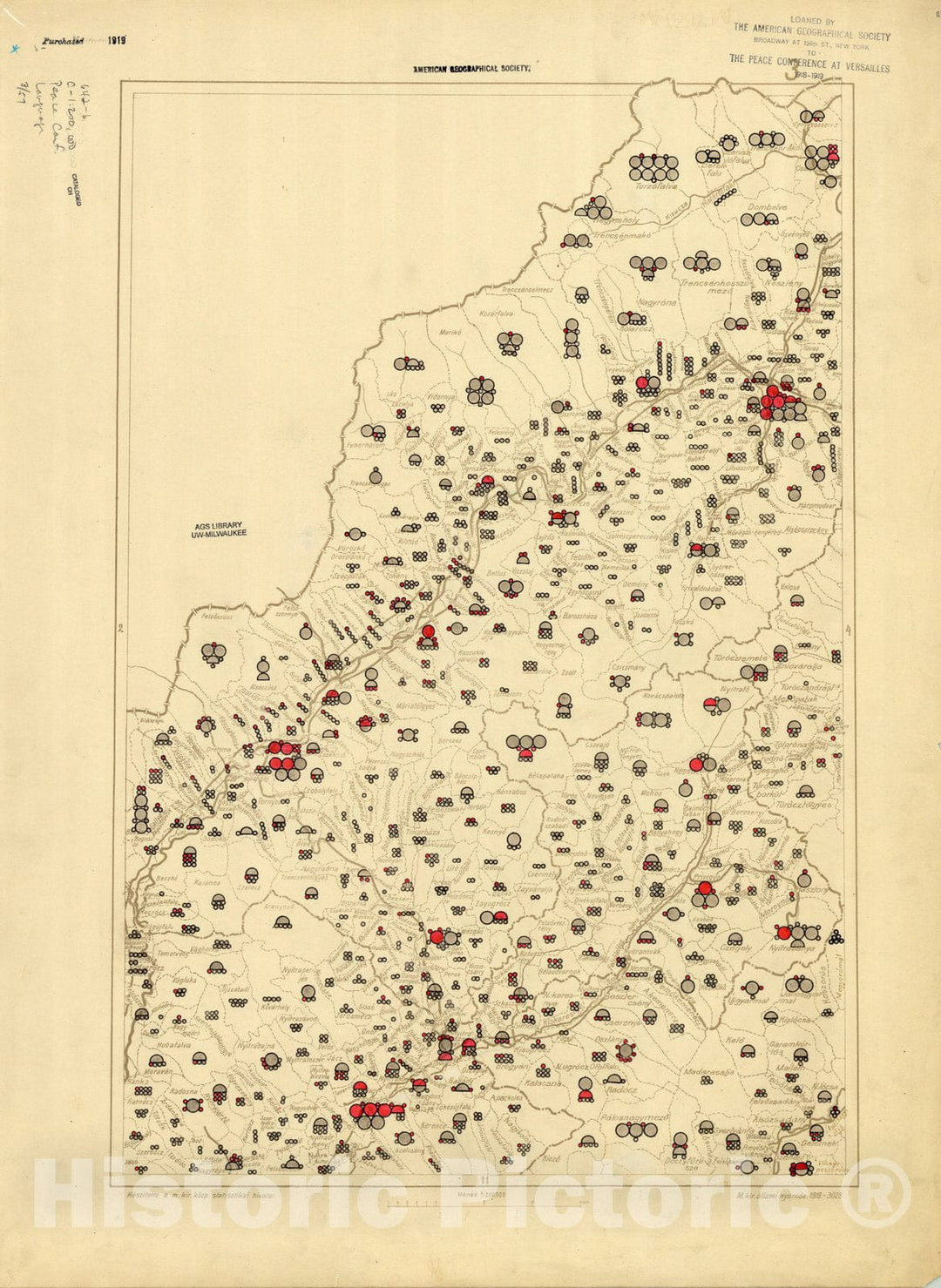 Map : The communes of Hungary showing the persons speaking Hungarian 1918 23, Antique Vintage Reproduction