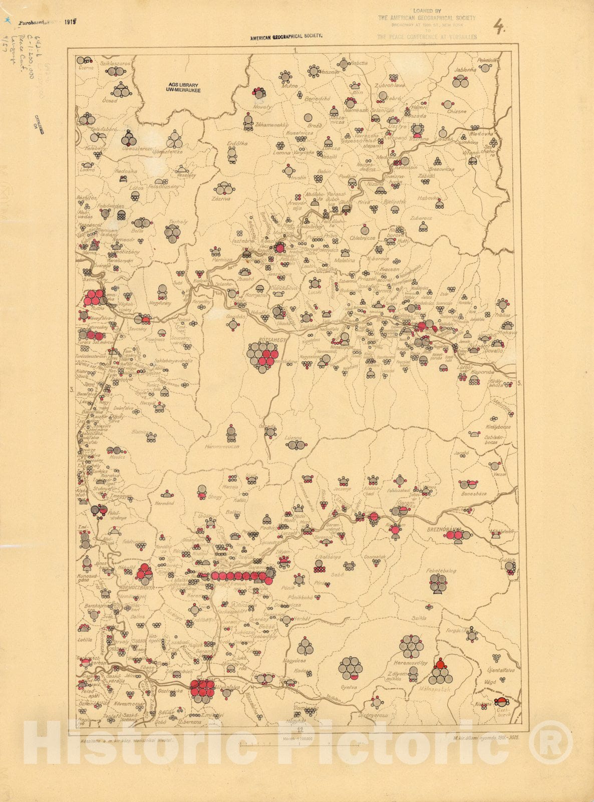 Map : The communes of Hungary showing the persons speaking Hungarian 1918 34, Antique Vintage Reproduction