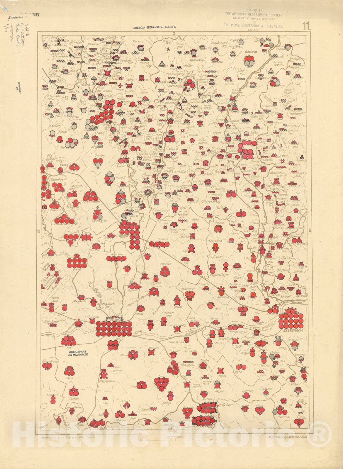 Map : The communes of Hungary showing the persons speaking Hungarian 1918 43, Antique Vintage Reproduction