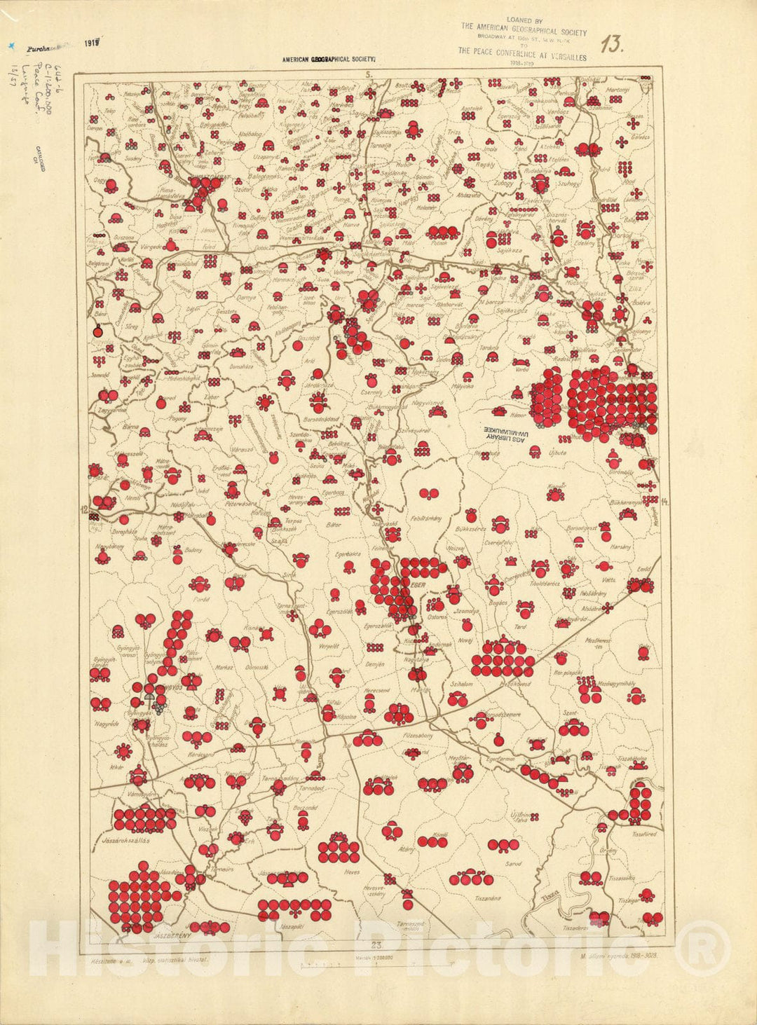 Map : The communes of Hungary showing the persons speaking Hungarian 1918 4, Antique Vintage Reproduction