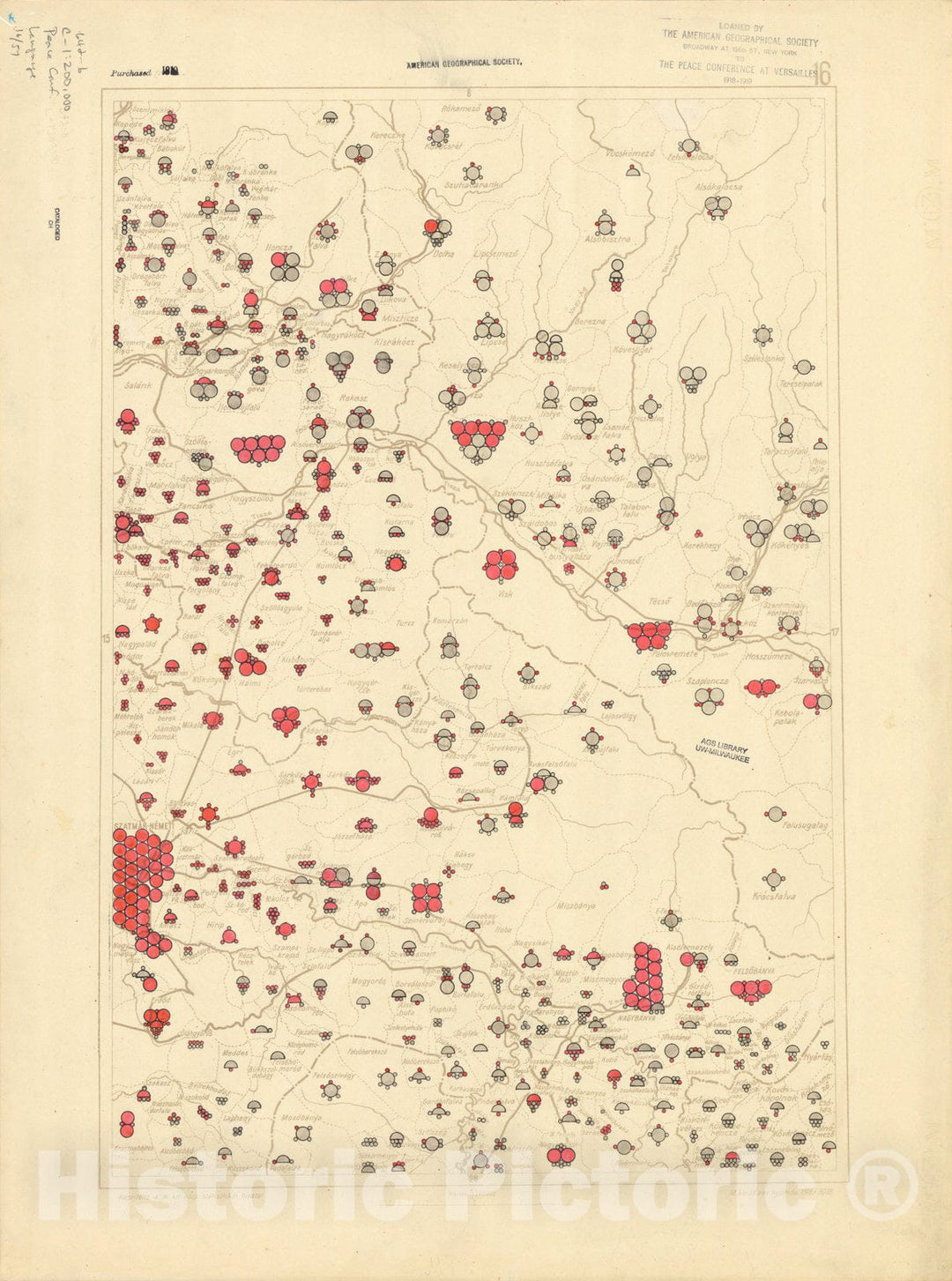 Map : The communes of Hungary showing the persons speaking Hungarian 1918 7, Antique Vintage Reproduction