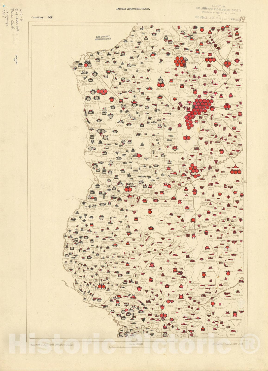 Map : The communes of Hungary showing the persons speaking Hungarian 1918 10, Antique Vintage Reproduction