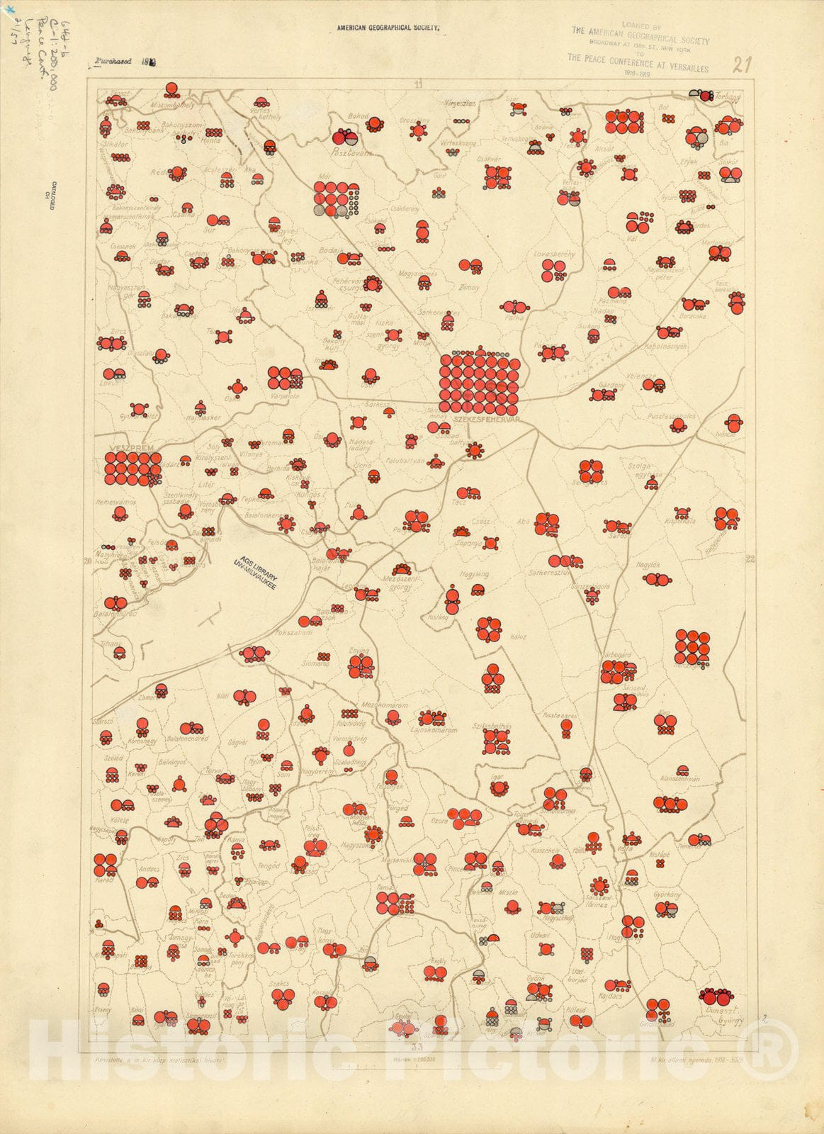 Map : The communes of Hungary showing the persons speaking Hungarian 1918 13, Antique Vintage Reproduction