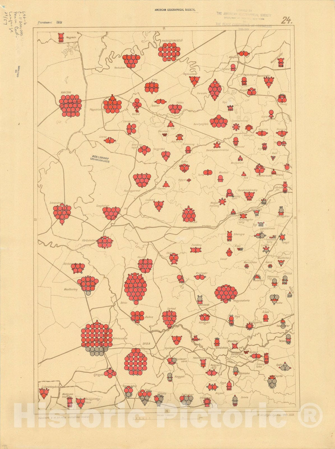 Map : The communes of Hungary showing the persons speaking Hungarian 1918 16, Antique Vintage Reproduction