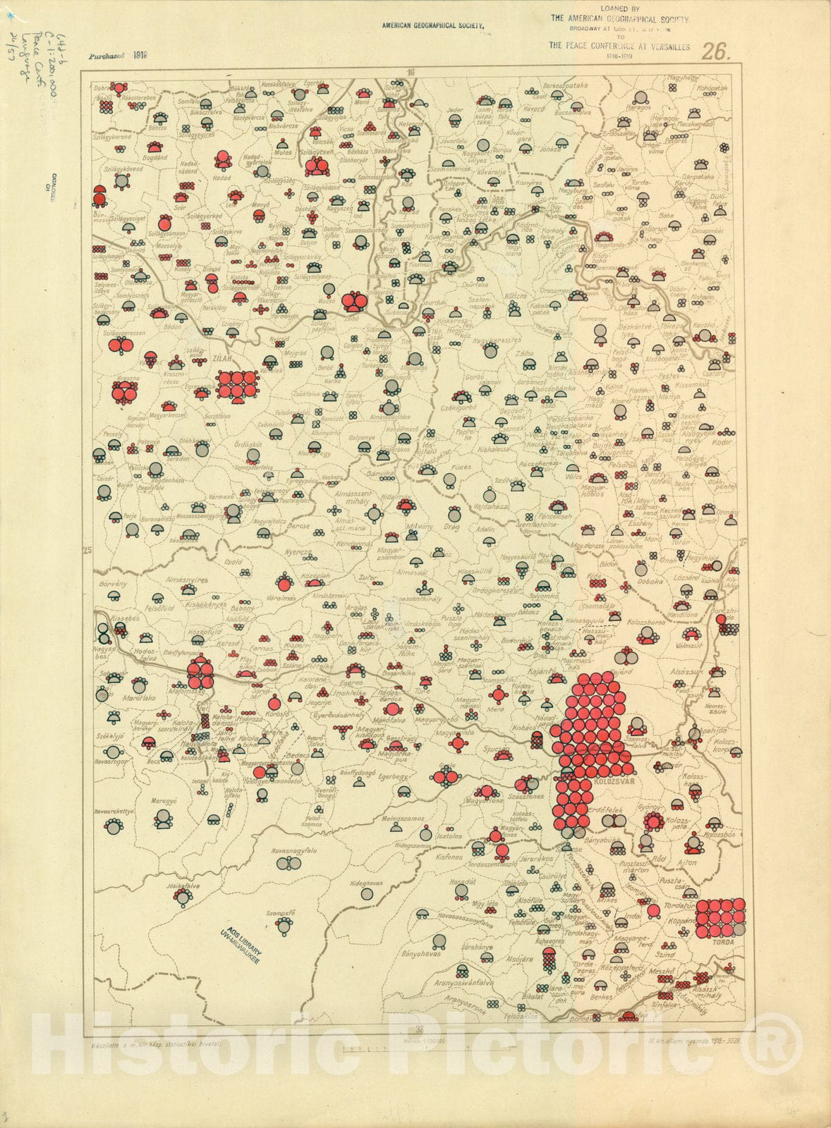 Map : The communes of Hungary showing the persons speaking Hungarian 1918 47, Antique Vintage Reproduction