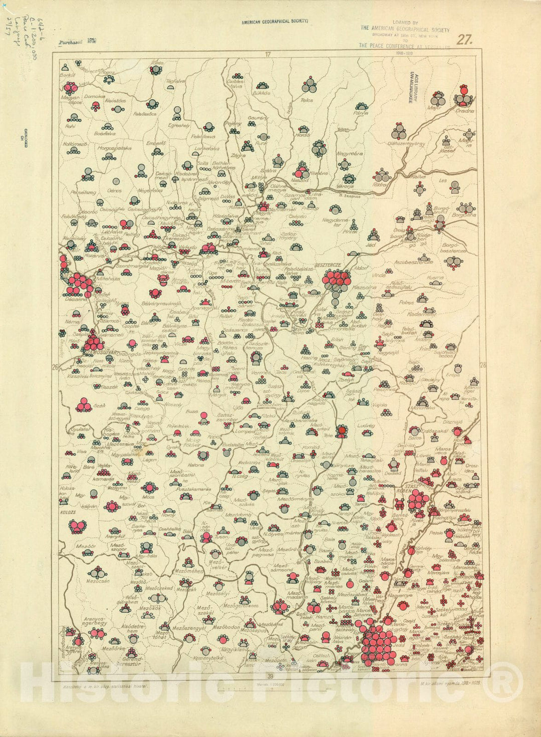 Map : The communes of Hungary showing the persons speaking Hungarian 1918 18, Antique Vintage Reproduction