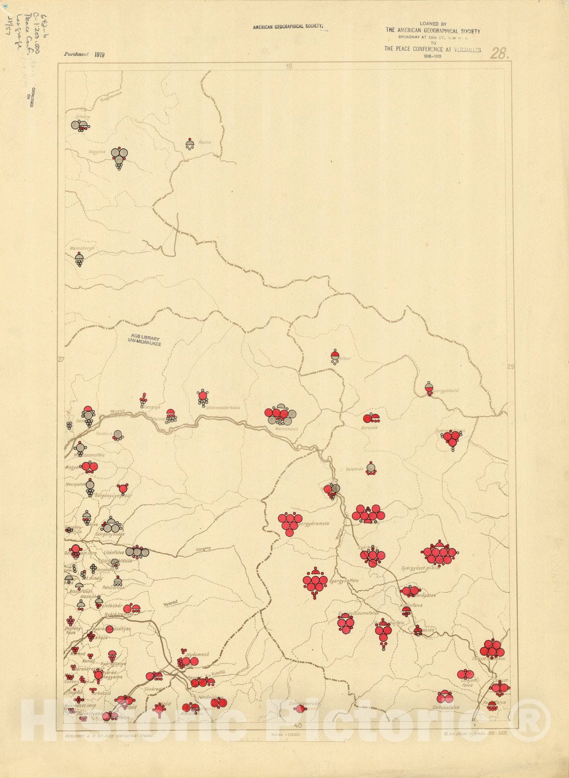 Map : The communes of Hungary showing the persons speaking Hungarian 1918 19, Antique Vintage Reproduction