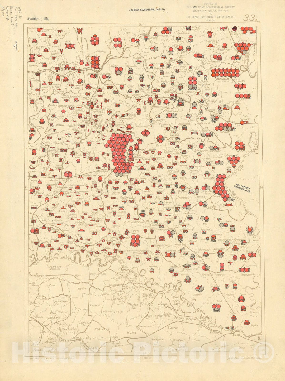 Map : The communes of Hungary showing the persons speaking Hungarian 1918 24, Antique Vintage Reproduction