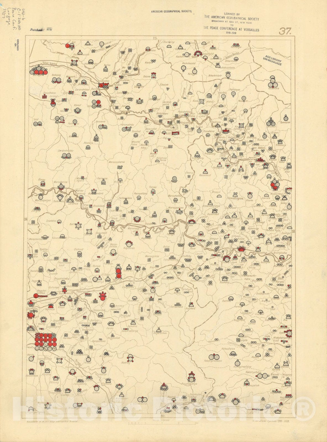 Map : The communes of Hungary showing the persons speaking Hungarian 1918 28, Antique Vintage Reproduction