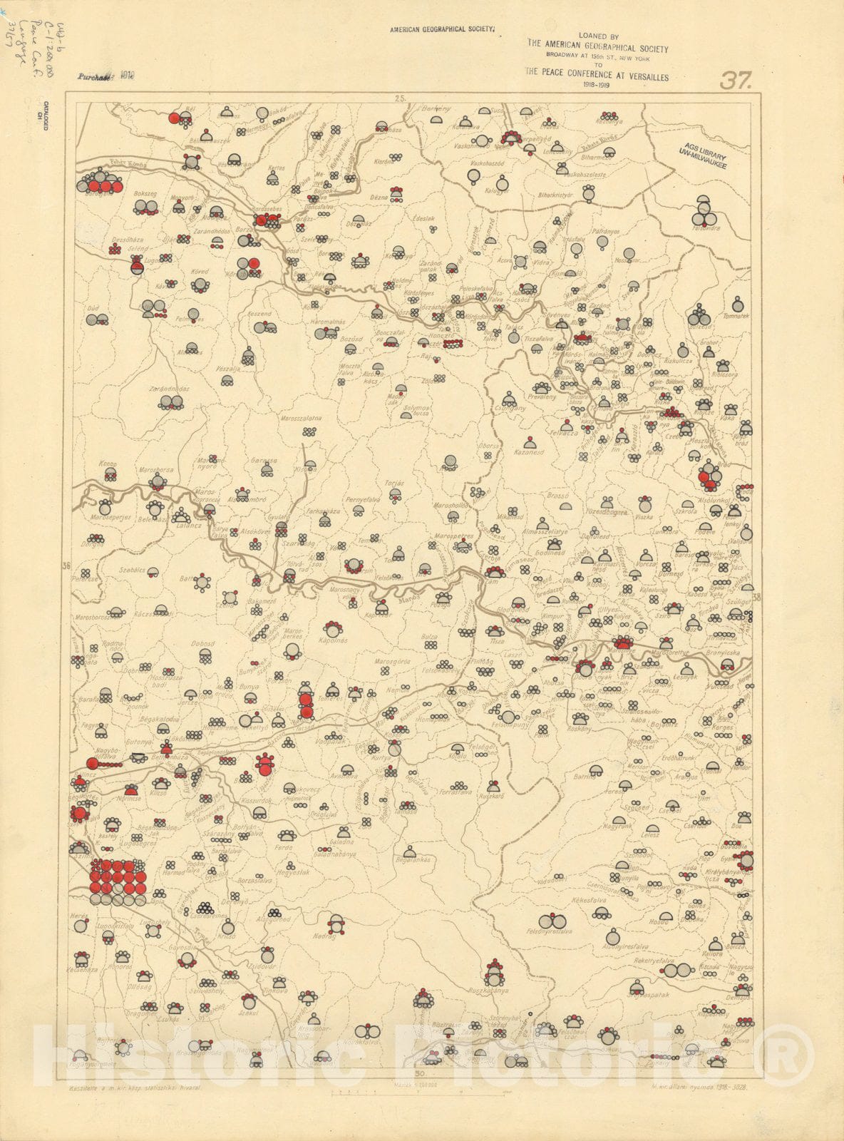 Map : The communes of Hungary showing the persons speaking Hungarian 1918 28, Antique Vintage Reproduction