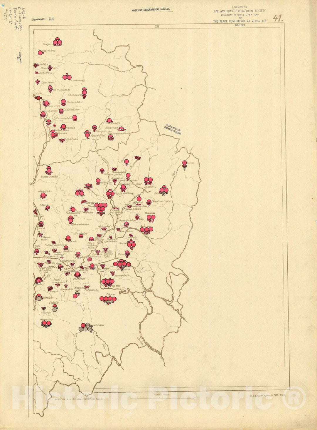 Map : The communes of Hungary showing the persons speaking Hungarian 1918 32, Antique Vintage Reproduction