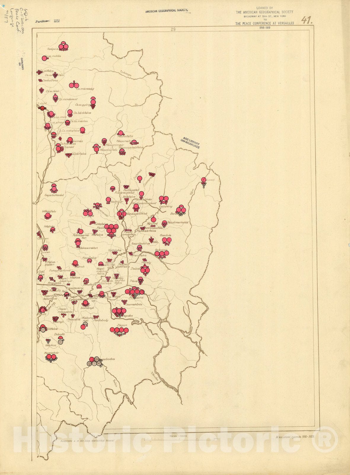 Map : The communes of Hungary showing the persons speaking Hungarian 1918 32, Antique Vintage Reproduction