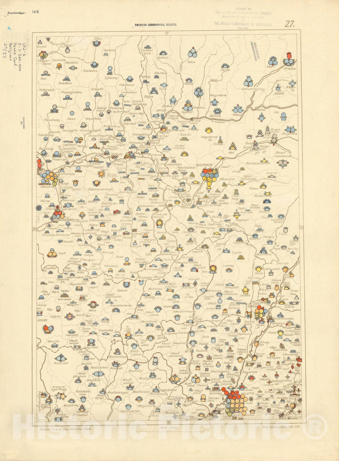 Historic Map : The Communes of Hungary showing the distribution of the religions 1918 19