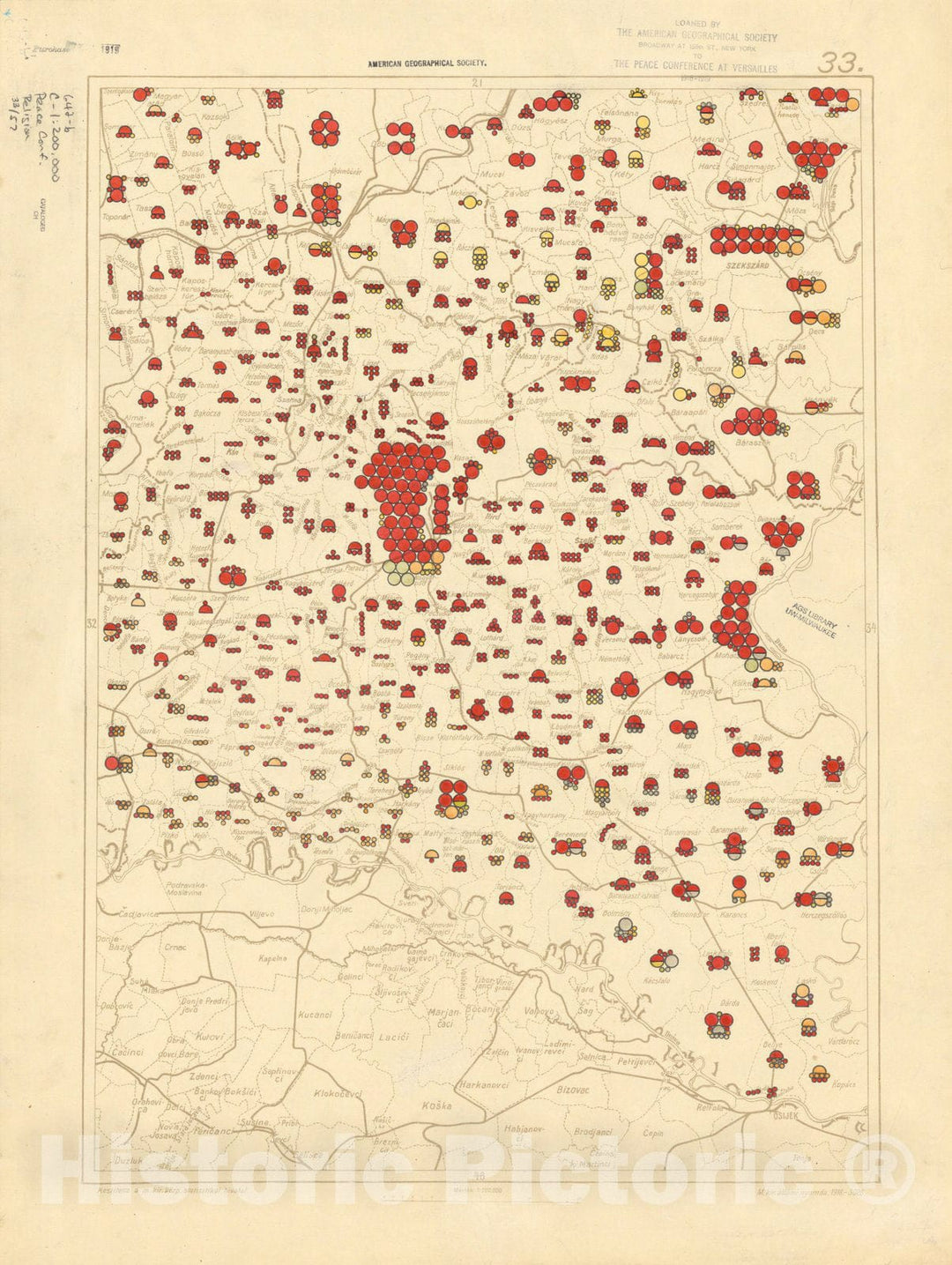 Historic Map : The Communes of Hungary showing the distribution of the religions 1918 25